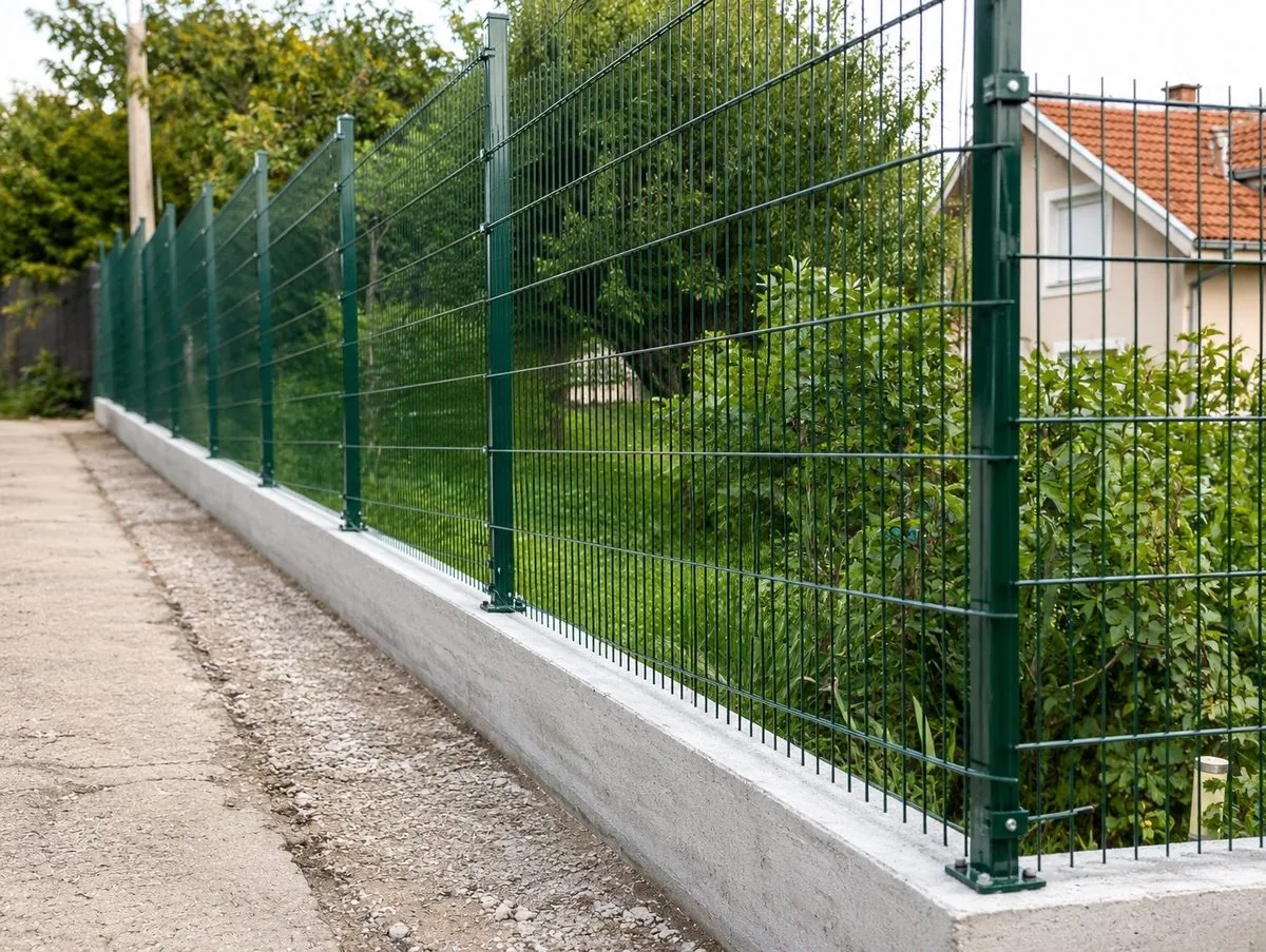 Modell VERDE — grüner Doppelstabmattenzaun auf Betonsockel